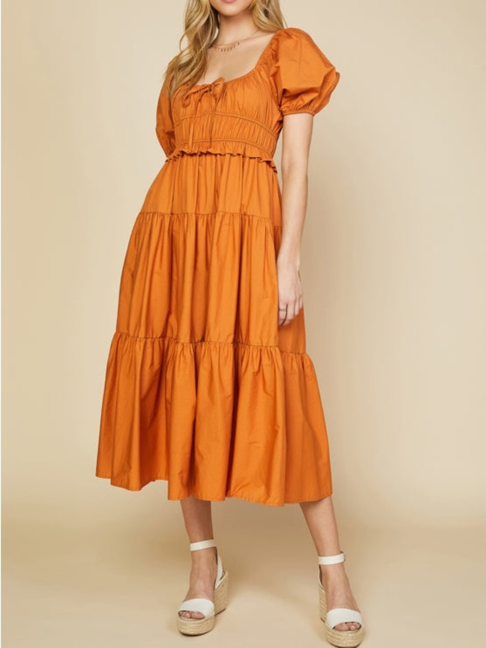 Skies Are Blue / Rust Tiered Puff Sleeve Midi Dress - Sz M - NWT